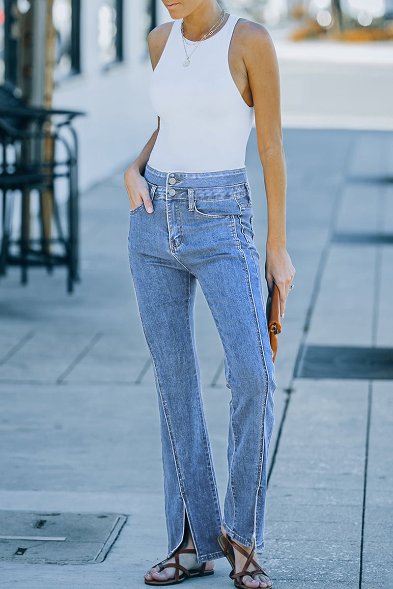 High Waist Seam Detail Slit Flare Jeans - Bakers Shoes store