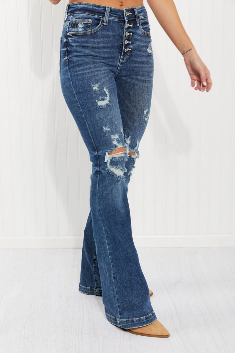 Judy Blue Ophelia Full Size Mid-Rise Destroyed Flare Jeans - Bakers Shoes store