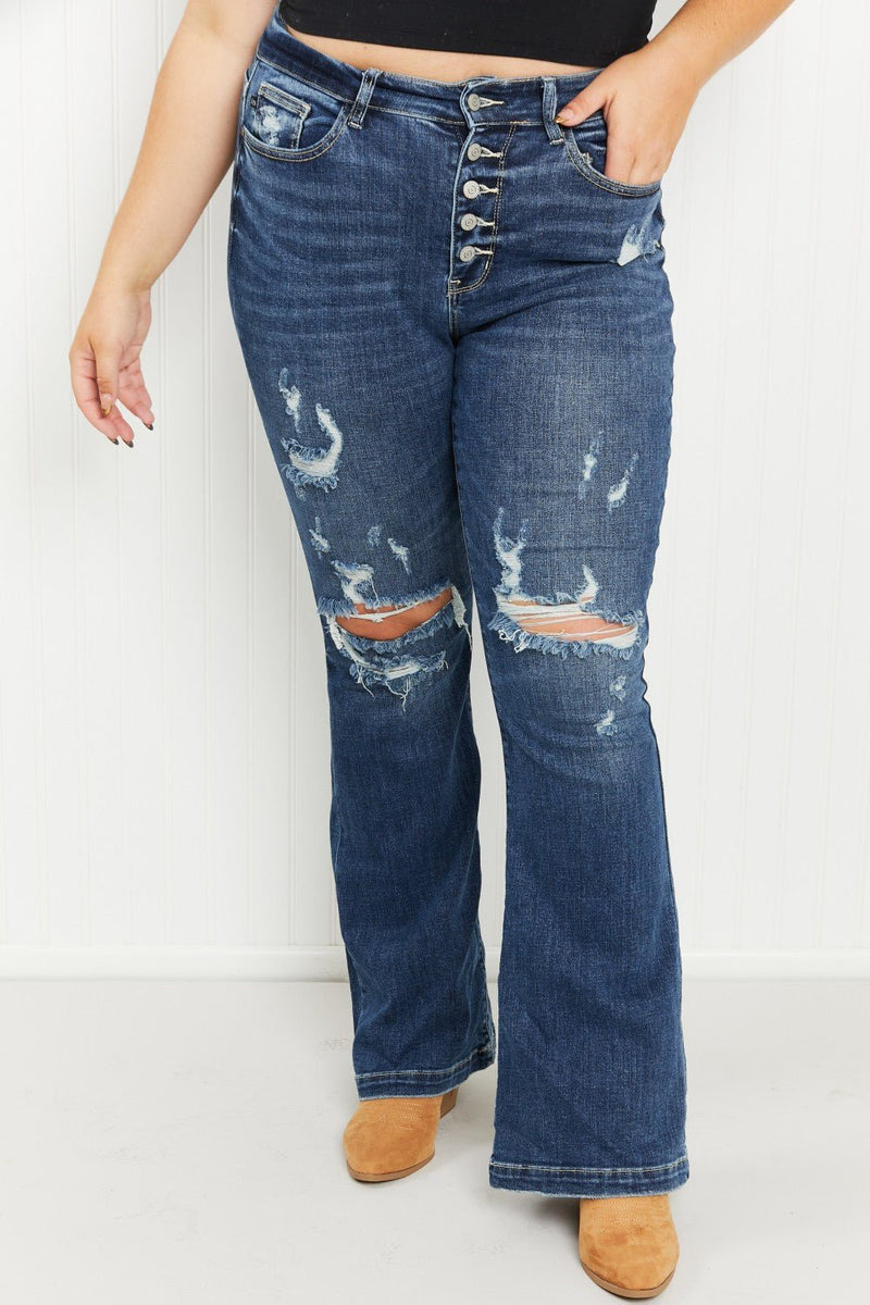 Judy Blue Ophelia Full Size Mid-Rise Destroyed Flare Jeans - Bakers Shoes store