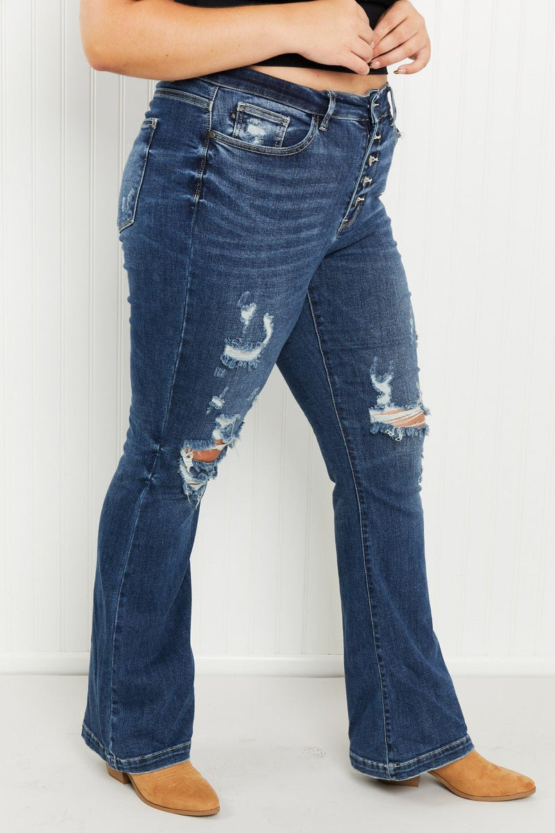 Judy Blue Ophelia Full Size Mid-Rise Destroyed Flare Jeans - Bakers Shoes store