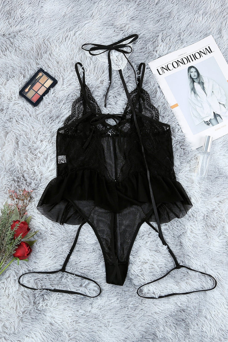Lace Contrast Ruffled Teddy Lingerie - Bakers Shoes store