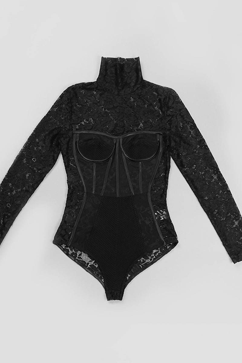 Lace High Neck Long Sleeve Bodysuit - Bakers Shoes store