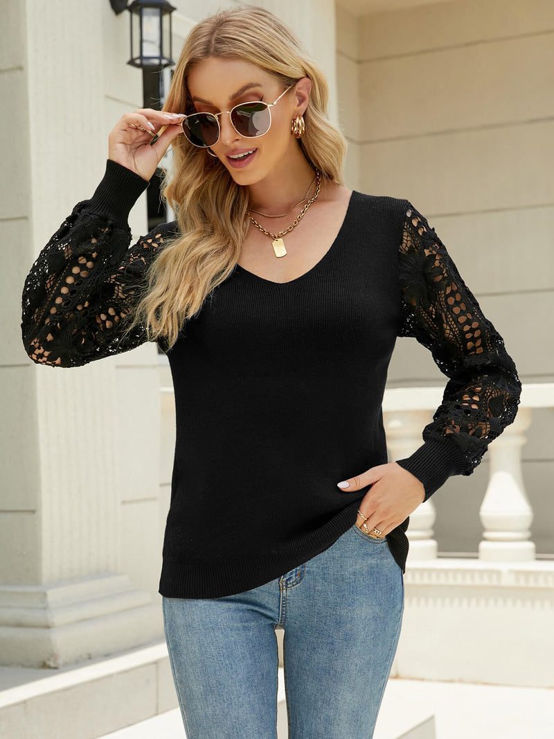 Lace Sleeve Ribbed Trim V-Neck Sweater - Bakers Shoes store