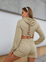 Lace-Up Cropped Hoodie and Shorts Set - Bakers Shoes store