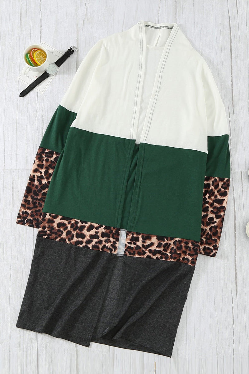 Leopard Color Block Open Front Longline Cardigan - Bakers Shoes store