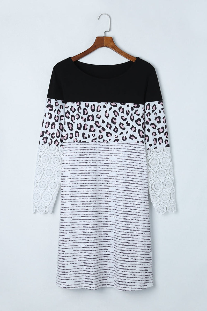 Leopard Color Block Spliced Lace Long Sleeve Dress - Bakers Shoes store
