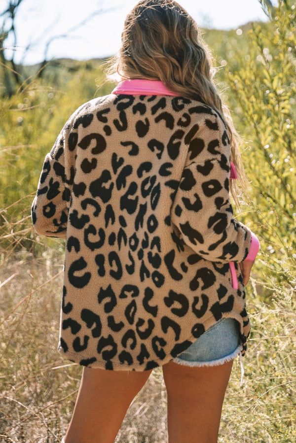 Leopard Contrast Teddy Shacket with Pockets - Bakers Shoes store