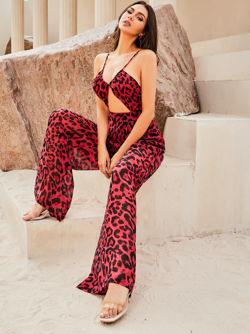 Leopard Cutout Spaghetti Strap Backless Jumpsuit - Bakers Shoes store