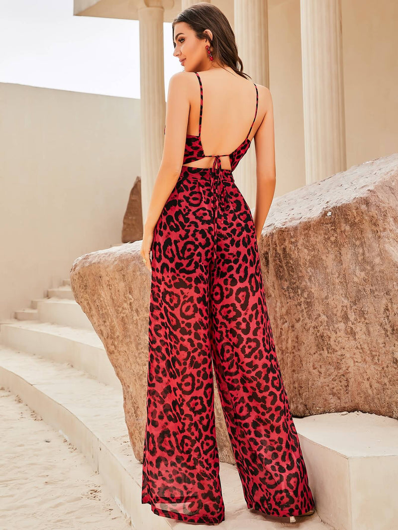 Leopard Cutout Spaghetti Strap Backless Jumpsuit - Bakers Shoes store