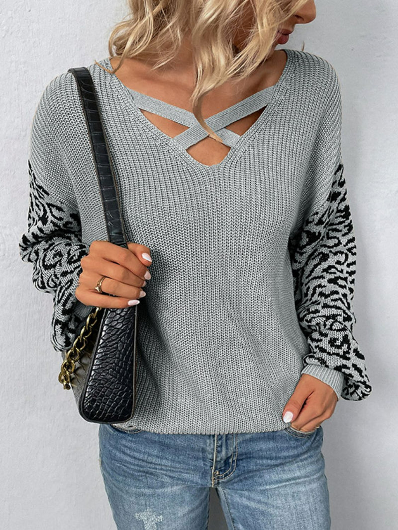 Leopard Lantern Sleeve Crisscross Sweater - Bakers Shoes store