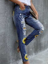 Leopard Patchwork Sunflower Print Distressed High Waist Jeans - Bakers Shoes store