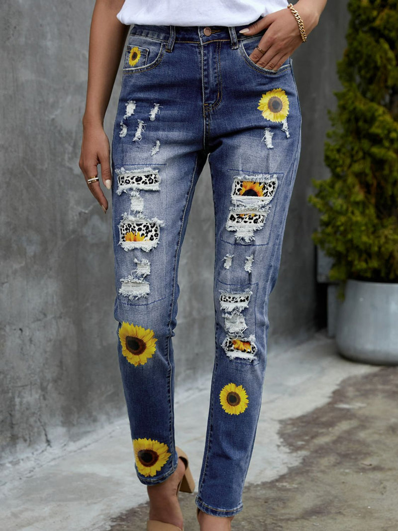 Leopard Patchwork Sunflower Print Distressed High Waist Jeans - Bakers Shoes store
