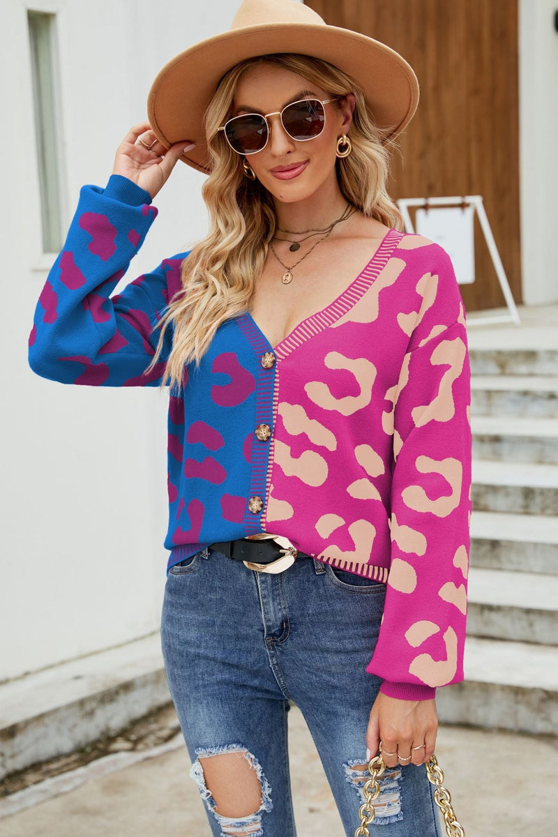 Leopard Print Button Down Dropped Shoulder Cardigan - Bakers Shoes store