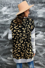 Leopard Print Striped Sleeve Open Front Longline Cardigan - Bakers Shoes store