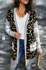 Leopard Print Striped Sleeve Open Front Longline Cardigan - Bakers Shoes store