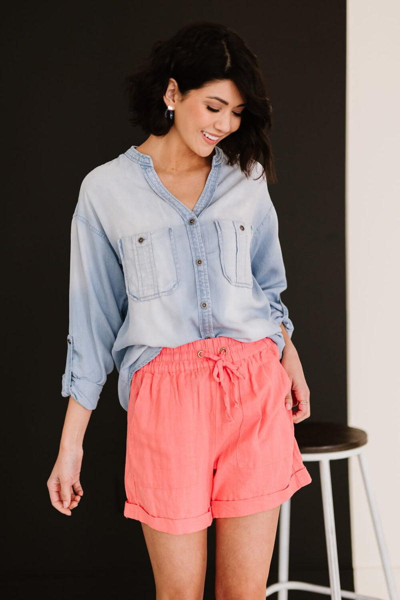 Linen Love Full Size Run Cuffed Shorts in Coral - Bakers Shoes store
