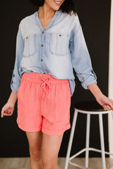 Linen Love Full Size Run Cuffed Shorts in Coral - Bakers Shoes store