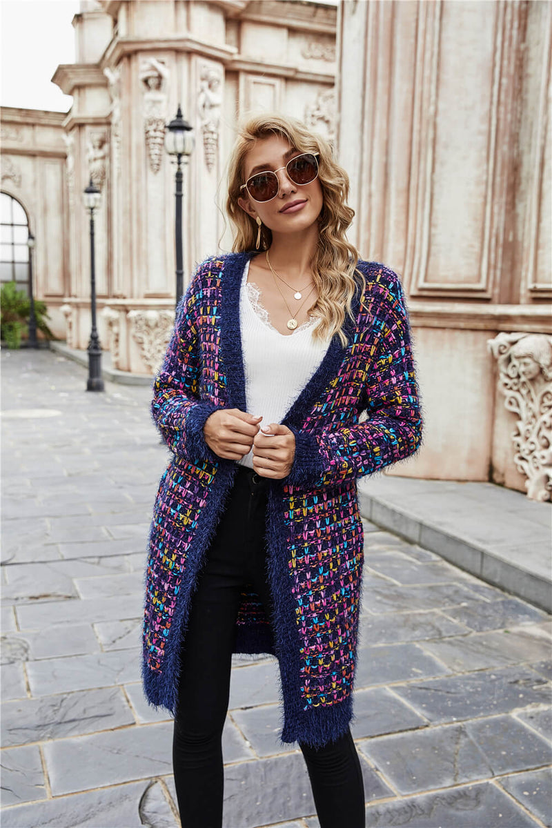Multicolored Ribbed Trim Open Front Cardigan with Pockets - Bakers Shoes store