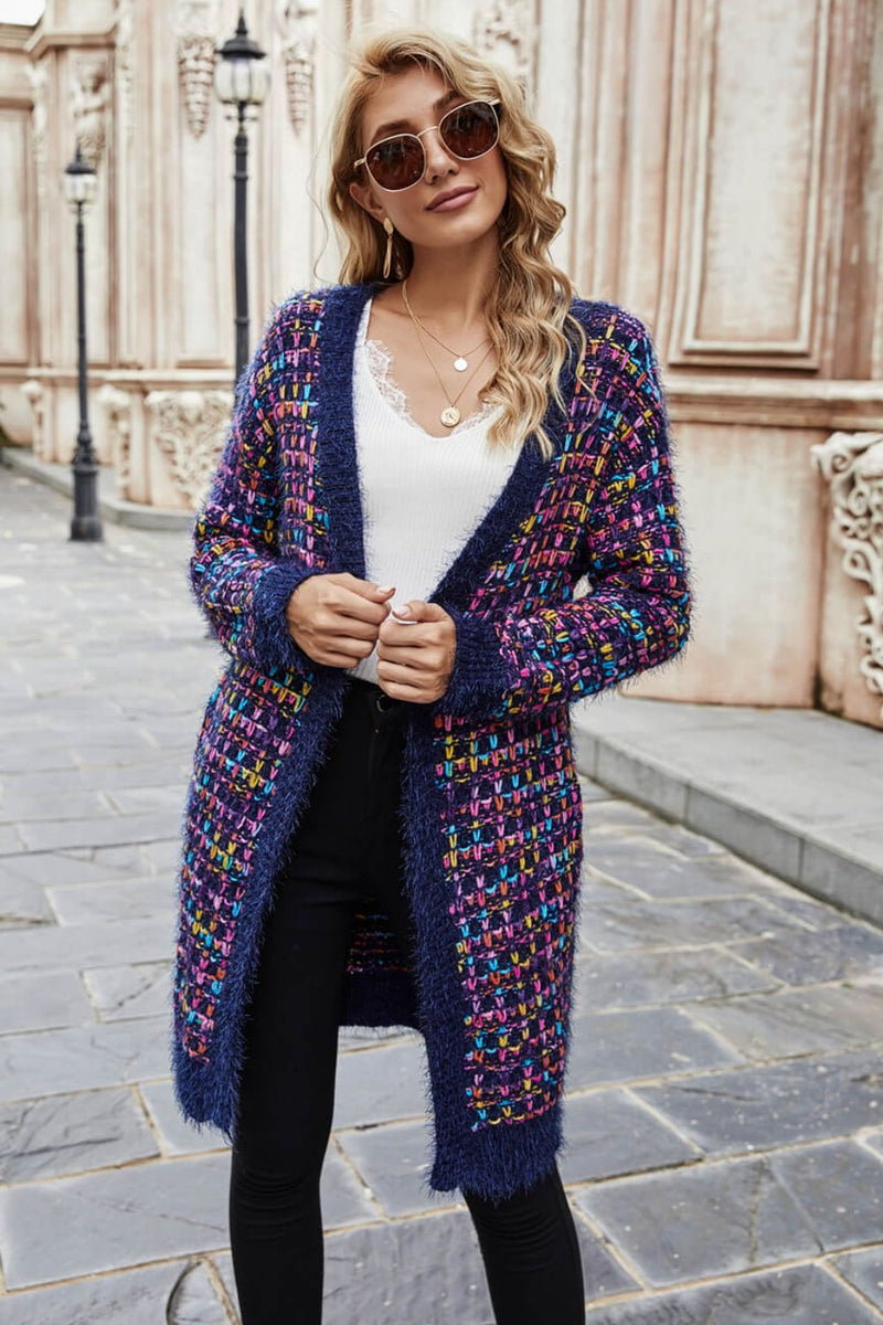 Multicolored Ribbed Trim Open Front Cardigan with Pockets - Bakers Shoes store