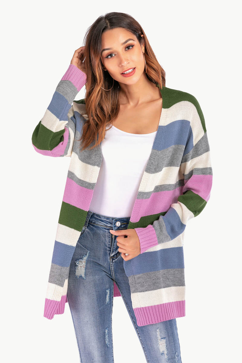 Multicolored Stripe Open Front Dropped Shoulder Cardigan - Bakers Shoes store