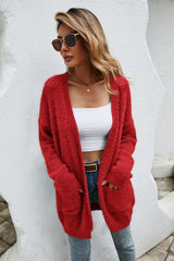 Open Front Openwork Fuzzy Cardigan with Pockets - Bakers Shoes store