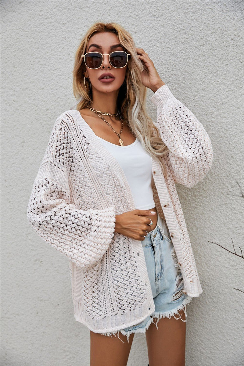 Openwork V-Neck Dropped Shoulder Cardigan - Bakers Shoes store