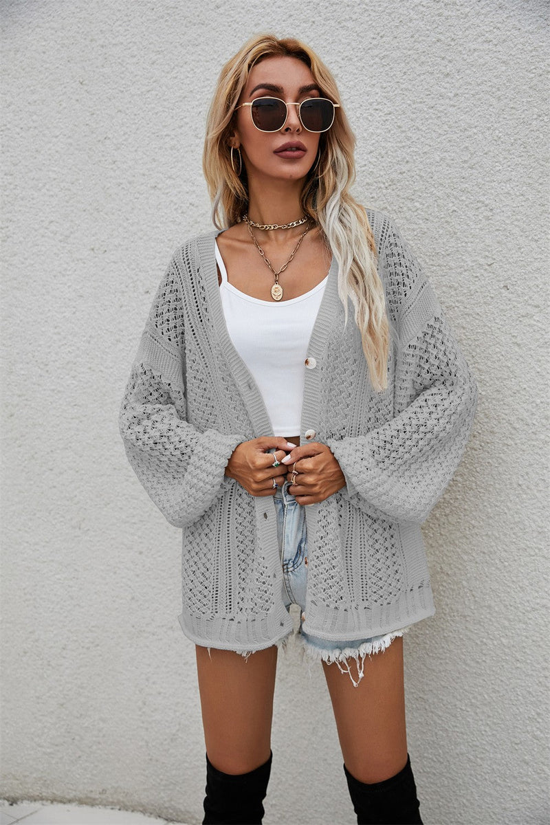 Openwork V-Neck Dropped Shoulder Cardigan - Bakers Shoes store