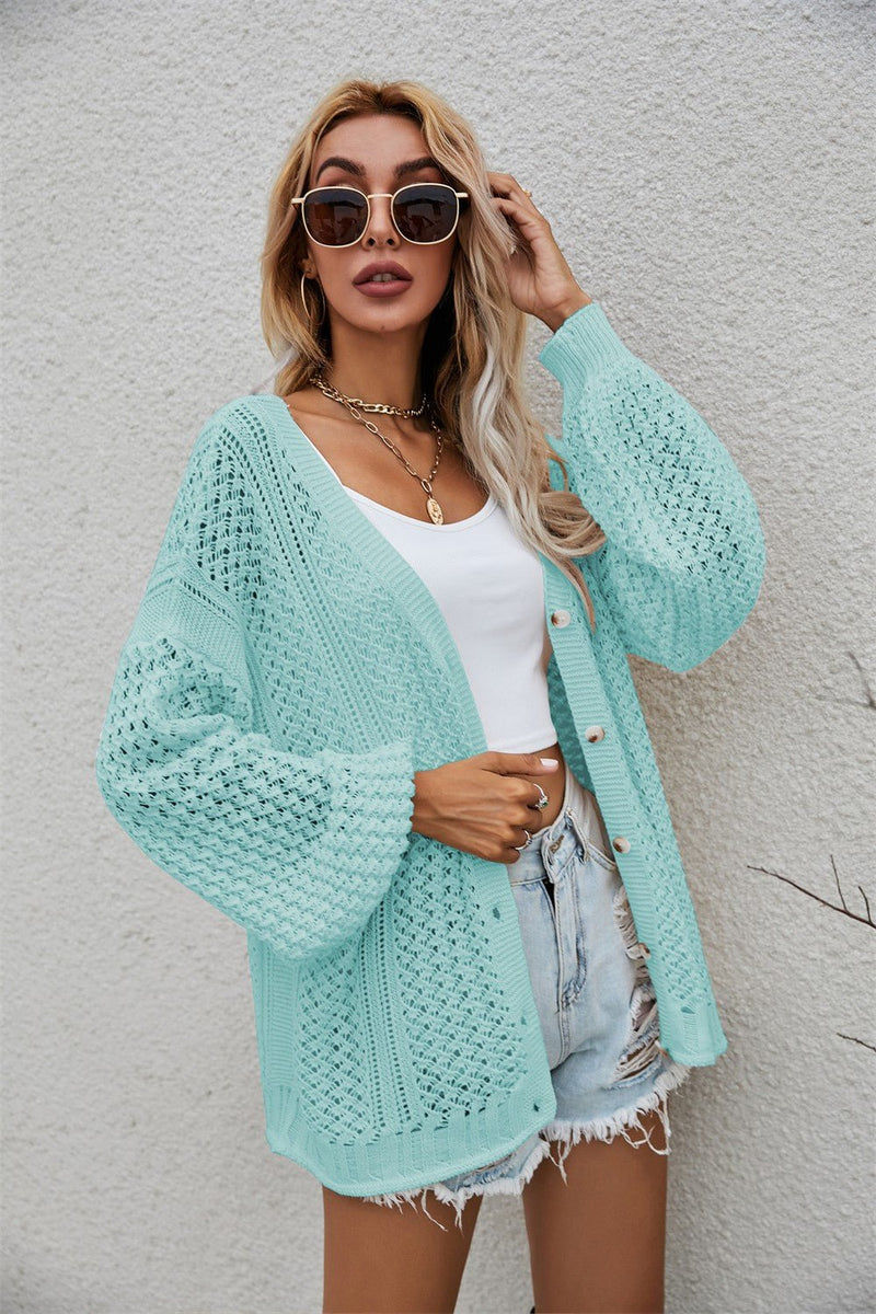 Openwork V-Neck Dropped Shoulder Cardigan - Bakers Shoes store