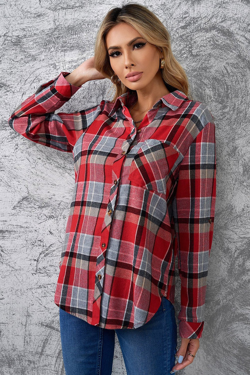 Plaid Button Front Curved Hem Collared Shirt - Bakers Shoes store