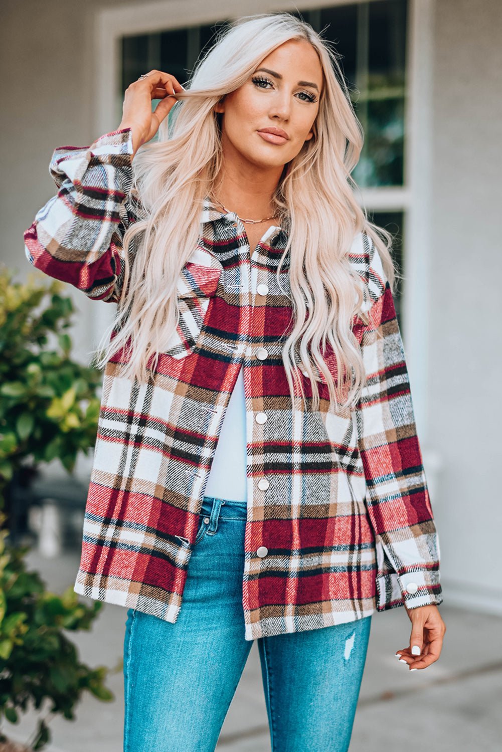 Plaid Button Front Shirt Jacket with Breast Pockets - Bakers Shoes store