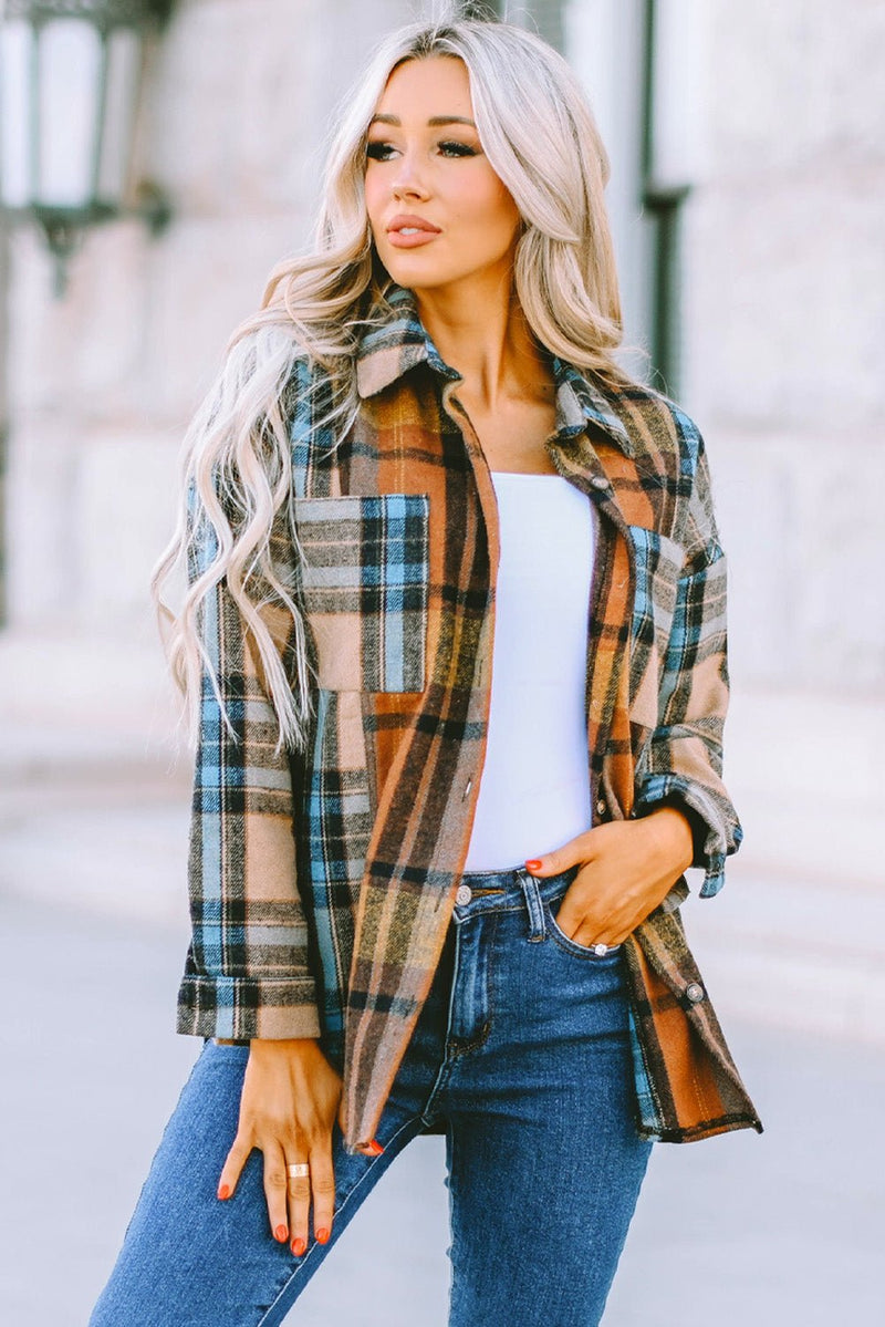 Plaid Curved Hem Shirt Jacket with Breast Pockets - Bakers Shoes store