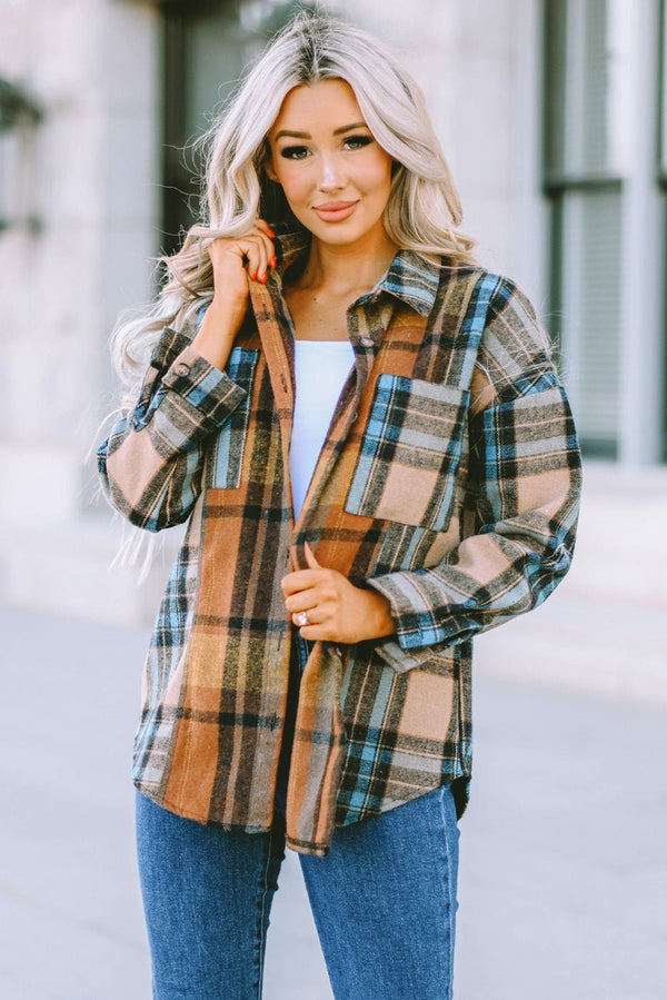 Plaid Curved Hem Shirt Jacket with Breast Pockets - Bakers Shoes store