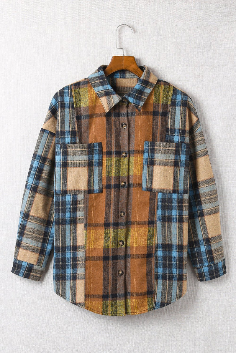 Plaid Curved Hem Shirt Jacket with Breast Pockets - Bakers Shoes store