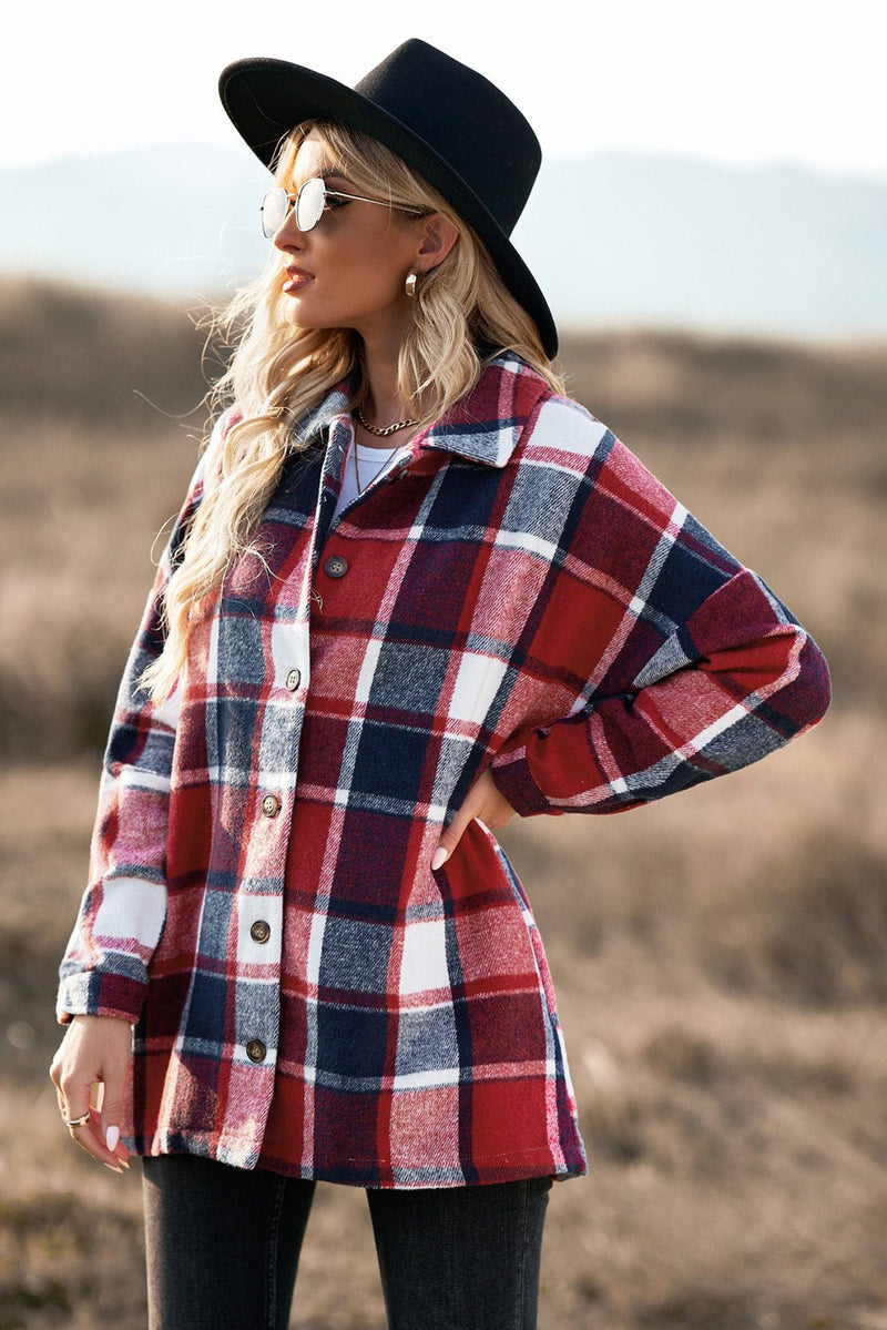 Plaid Dropped Shoulder Pocketed Shirt Jacket - Bakers Shoes store