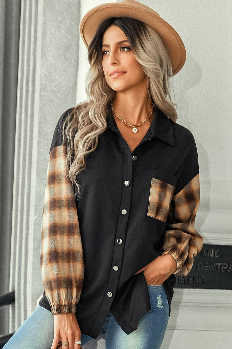 Plaid Dropped Shoulder Shirt with Breast Pocket - Bakers Shoes store