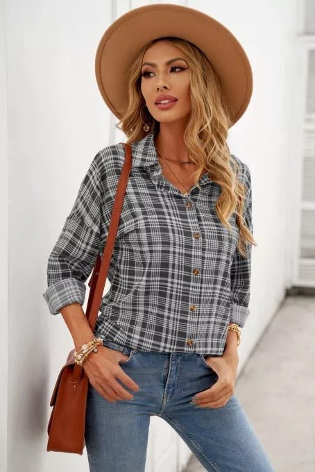 Plaid Print Drop Shoulder Button Down Shirt - Bakers Shoes store