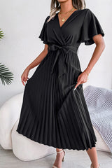 Pleated Flutter Sleeve Belted Dress - Bakers Shoes store