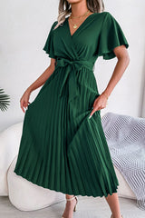 Pleated Flutter Sleeve Belted Dress - Bakers Shoes store