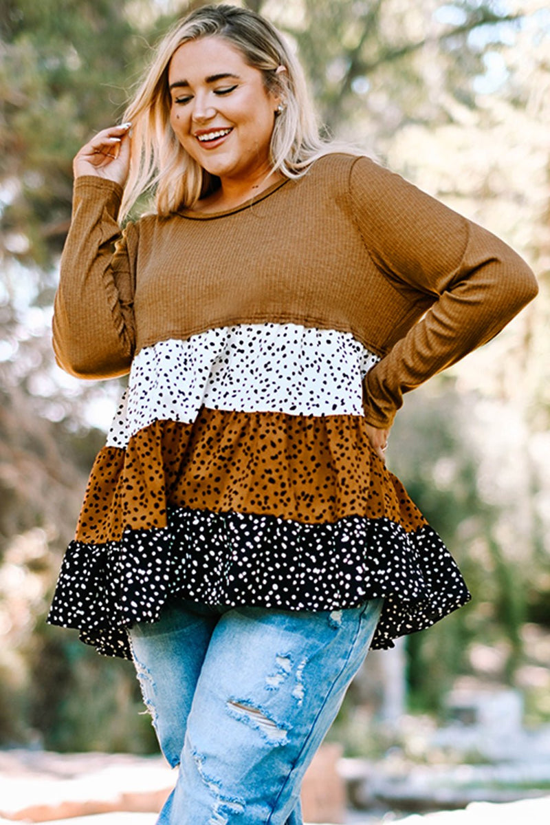 Plus Size Animal Print Color Block Ribbed Babydoll Top - Bakers Shoes store
