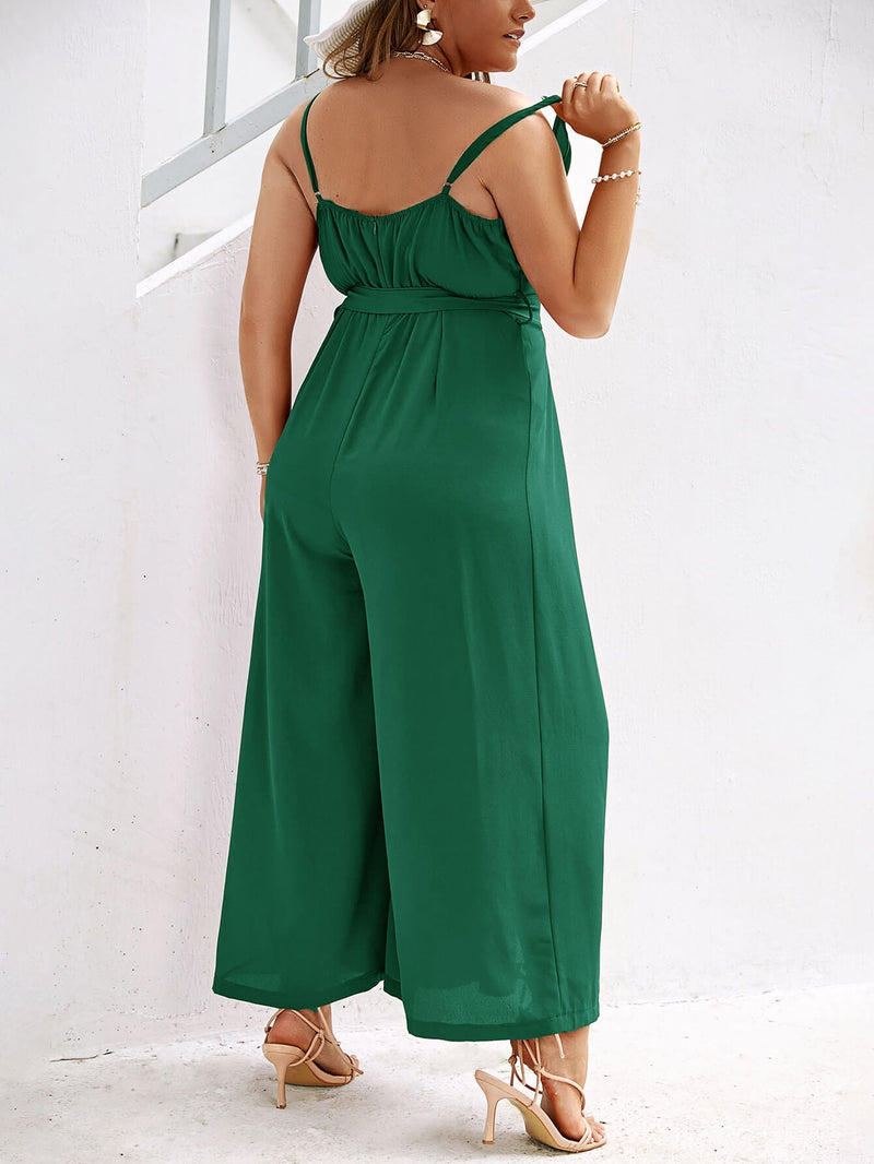 Plus Size Belted Split Spaghetti Strap Pleated Jumpsuit - Bakers Shoes store