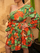 Plus Size Botanical Print One-Shoulder Layered Dress with Belt - Bakers Shoes store