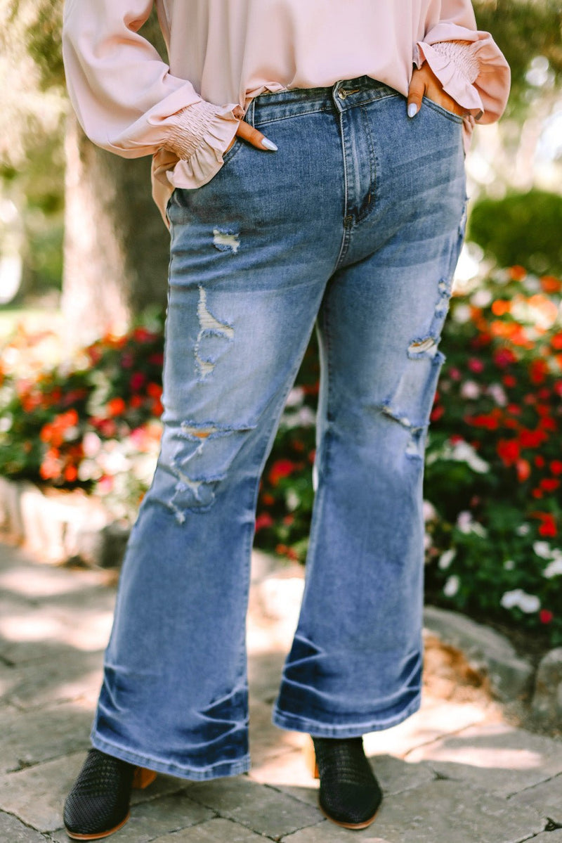 Plus Size Distressed Flare Jeans with Pockets - Bakers Shoes store