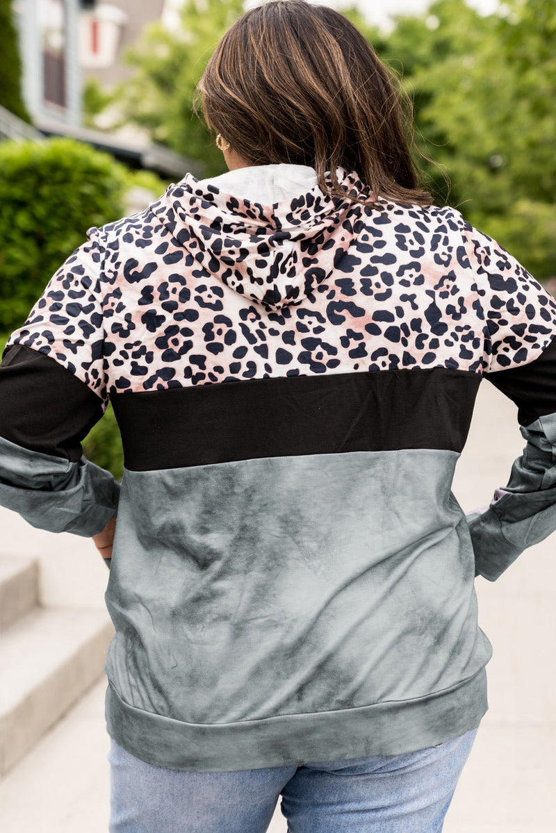 Plus Size Leopard Print Color Block Hoodie with Kangaroo Pocket - Bakers Shoes store