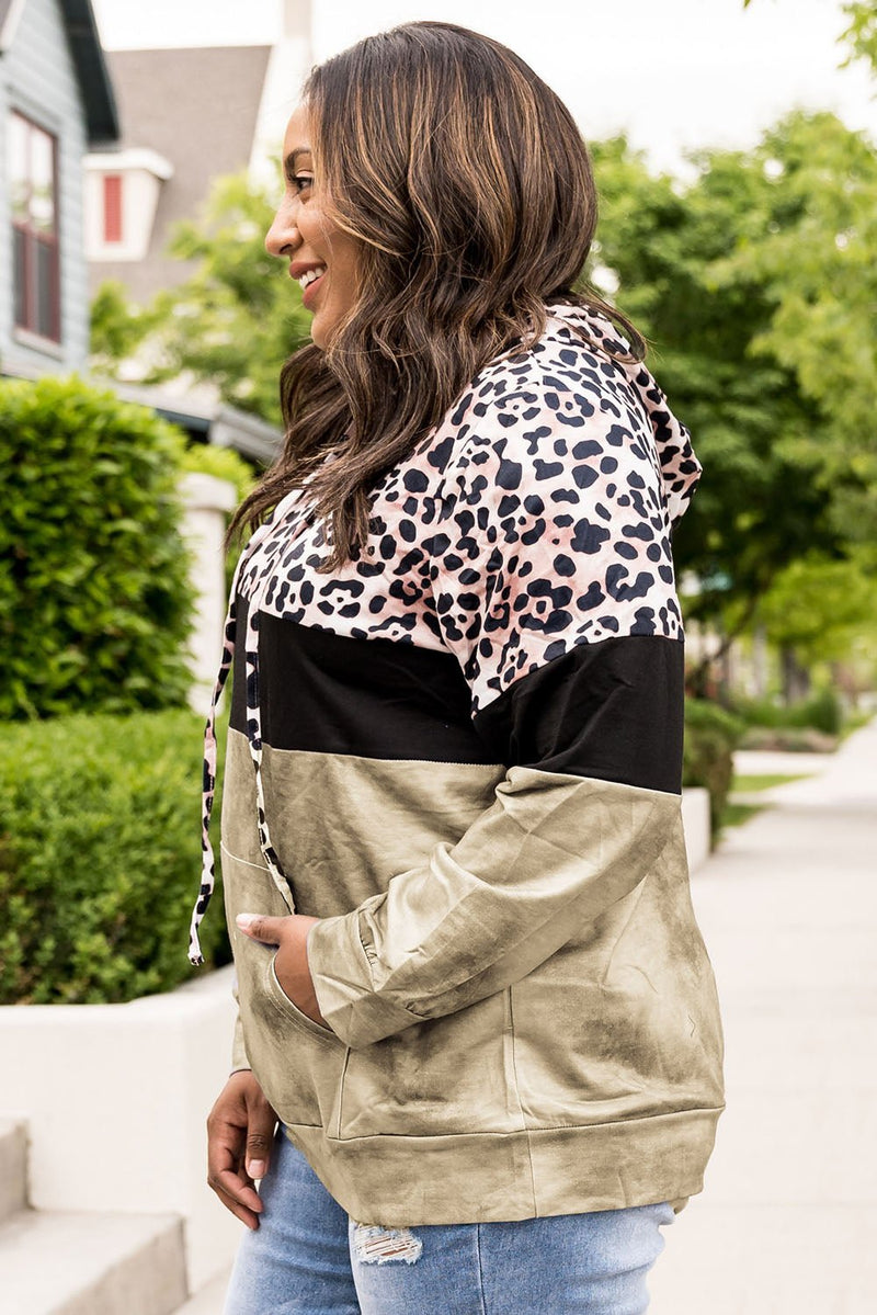 Plus Size Leopard Print Color Block Hoodie with Kangaroo Pocket - Bakers Shoes store