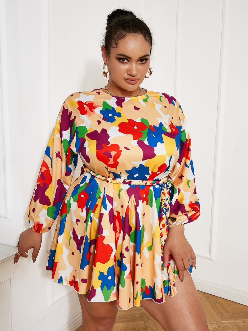 Plus Size Printed Mini Dress with Braided Belt - Bakers Shoes store