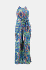 Plus Size Printed Tie Waist Jumpsuit with Pockets - Bakers Shoes store