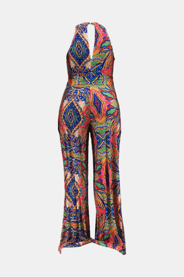 Plus Size Printed Tie Waist Jumpsuit with Pockets - Bakers Shoes store