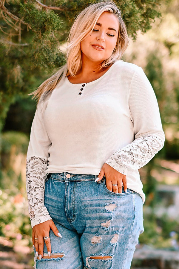 Plus Size Spliced Lace Ribbed Henley Top - Bakers Shoes store