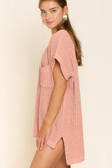 POL Rib-Knit V-Neck Slit High-Low Short Sleeve Sweater - Bakers Shoes store