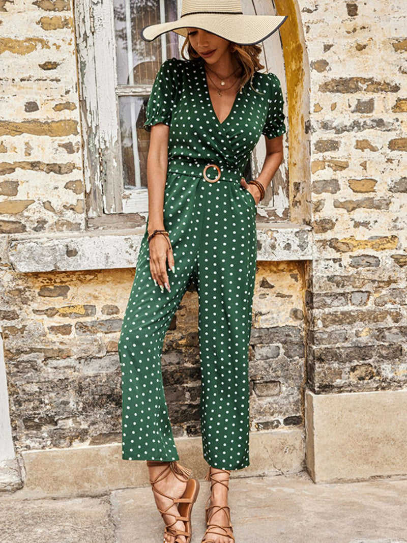 Polka Dot Belted Flounce Sleeve Jumpsuit with Pockets - Bakers Shoes store